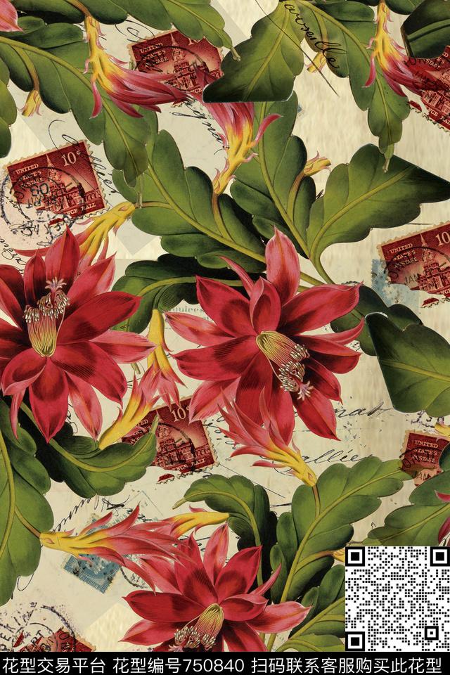 花卉手绘花纹木棉花数码印花华亿平台下载（图片编号: 750840） - 瓦栏（Walan）