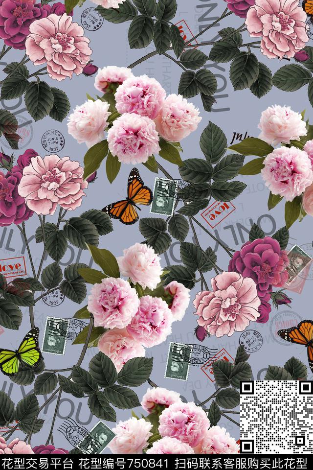 花卉手绘花纹蝴蝶数码印花华亿平台下载（图片编号: 750841） - 瓦栏（Walan）