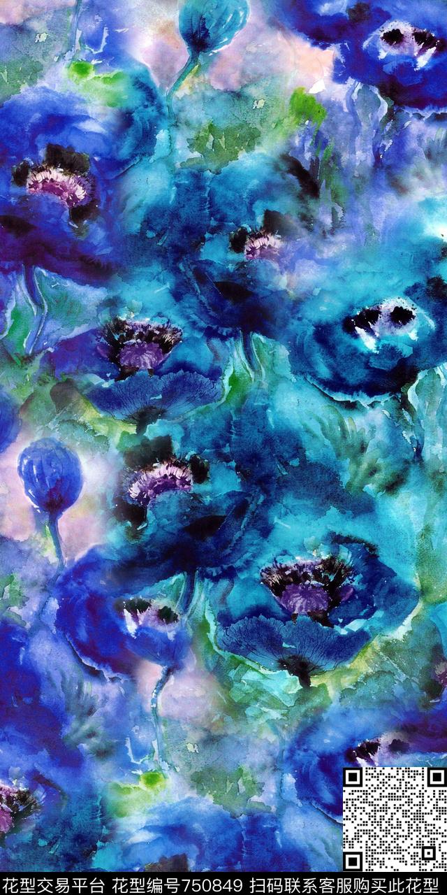 水墨大花花朵数码印花华亿平台下载（图片编号: 750849） - 瓦栏（Walan）