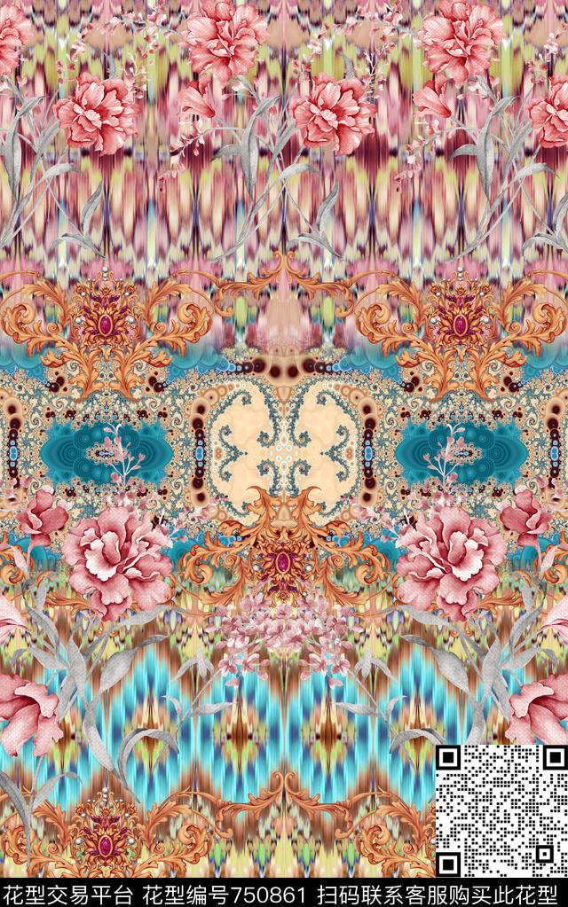 抽象复古民族风数码印花华亿平台下载（图片编号: 750861） - 瓦栏（Walan）