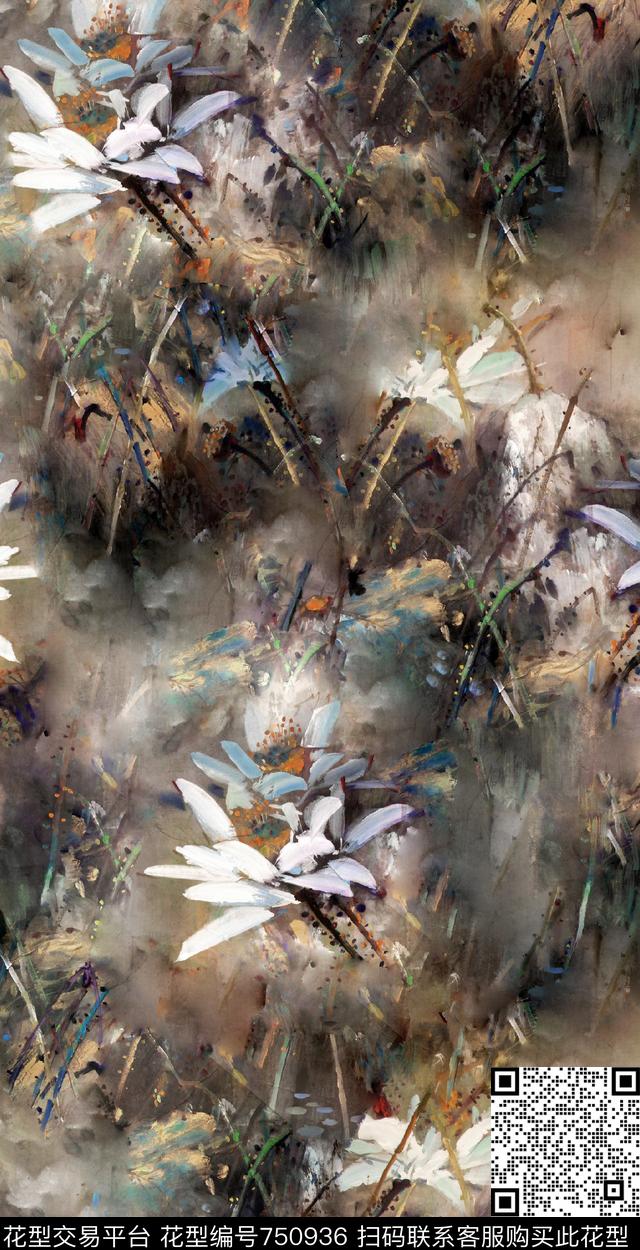 中国风荷花抽象写意荷花数码印花华亿平台下载（图片编号: 750936） - 瓦栏（Walan）