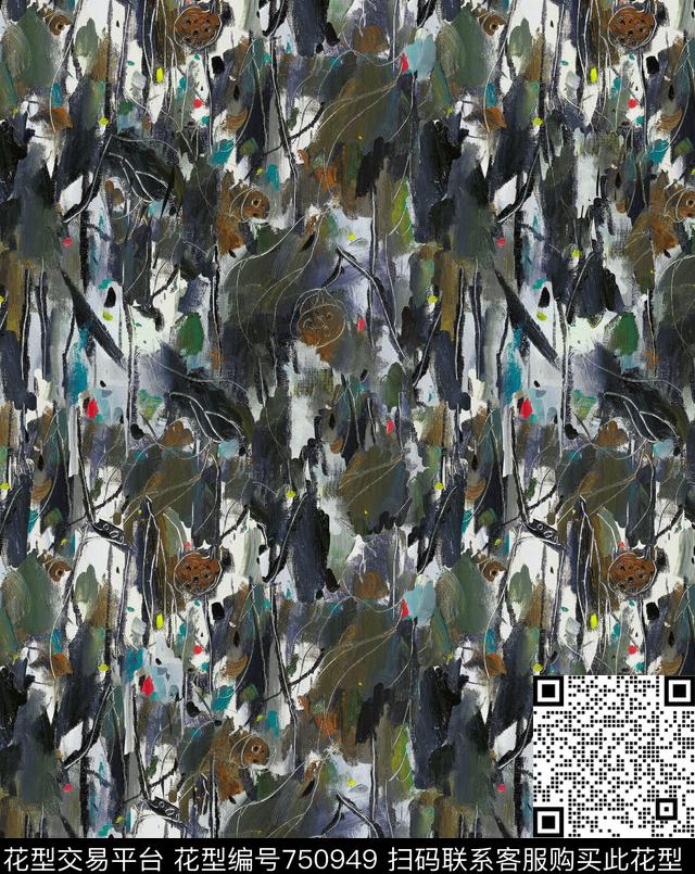 中国风荷花抽象写意数码印花华亿平台下载（图片编号: 750949） - 瓦栏（Walan）