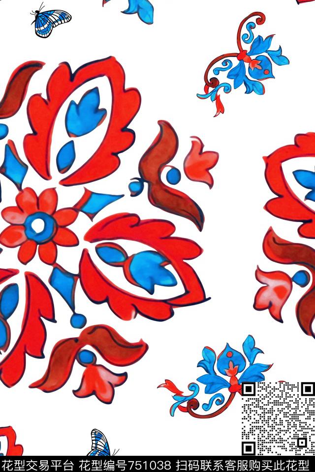 青花瓷图案中国风蝴蝶数码印花华亿平台下载（图片编号: 751038） - 瓦栏（Walan）