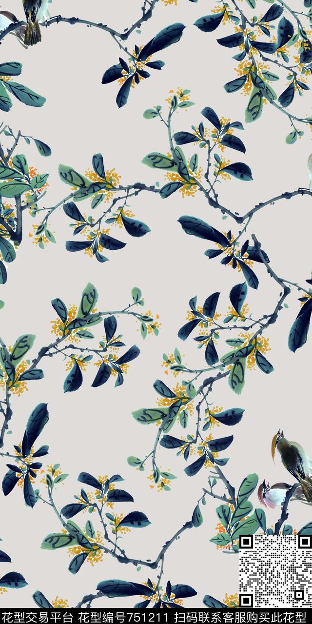 水墨鸟树枝数码印花华亿平台下载（图片编号: 751211） - 瓦栏（Walan）