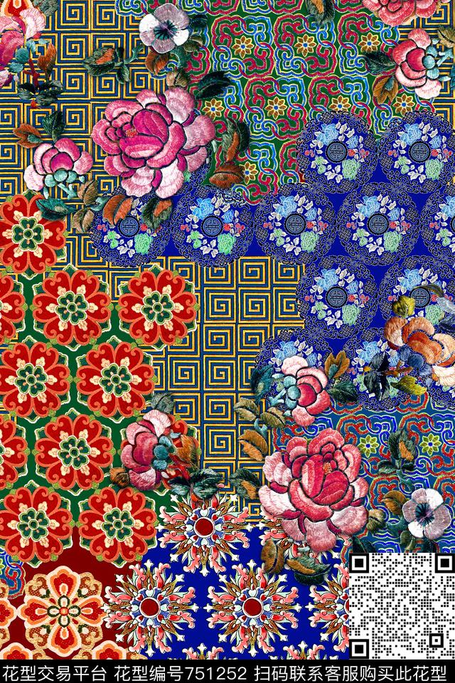 几何格子中国风民族风数码印花华亿平台下载（图片编号: 751252） - 瓦栏（Walan）