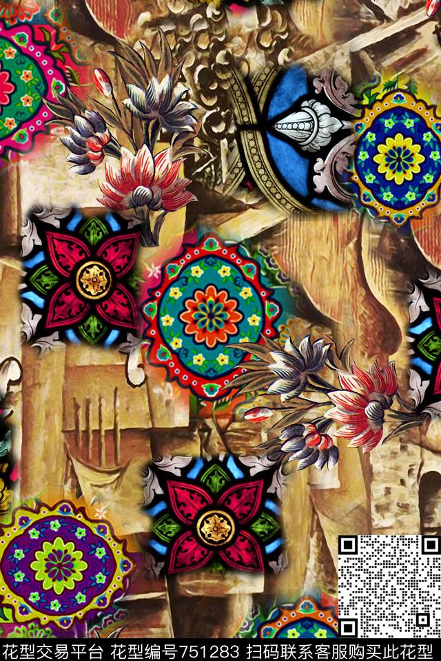 复古纹样拼贴花卉数码印花华亿平台下载（图片编号: 751283） - 瓦栏（Walan）