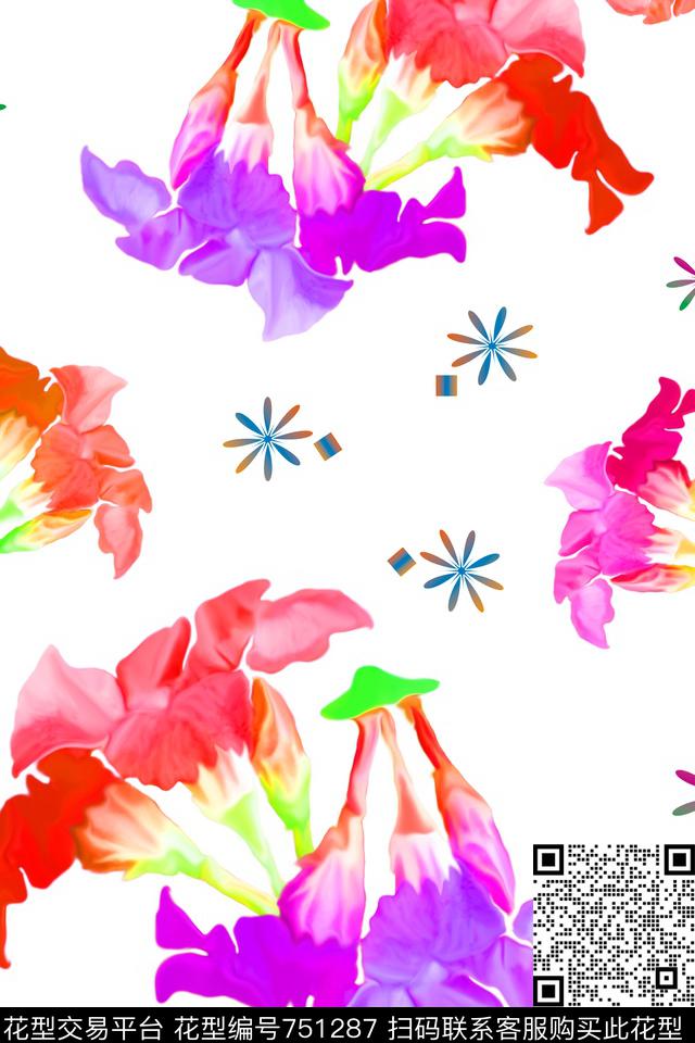 喇叭花流行时尚白色红色数码印花华亿平台下载（图片编号: 751287） - 瓦栏（Walan）