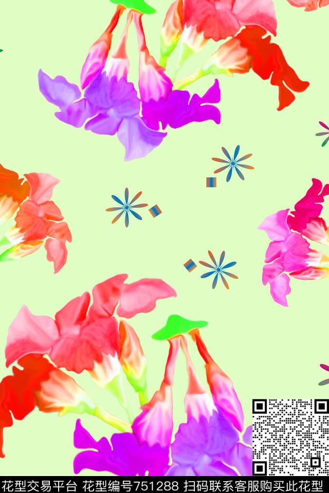 喇叭花流行时尚白色红色数码印花华亿平台下载（图片编号: 751288） - 瓦栏（Walan）