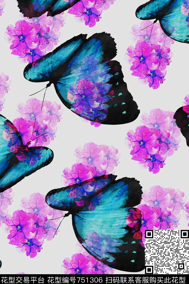 花卉蝴蝶女装数码印花华亿平台下载（图片编号: 751306） - 瓦栏（Walan）