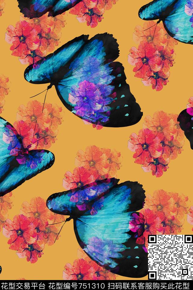 花卉蝴蝶女装数码印花华亿平台下载（图片编号: 751310） - 瓦栏（Walan）