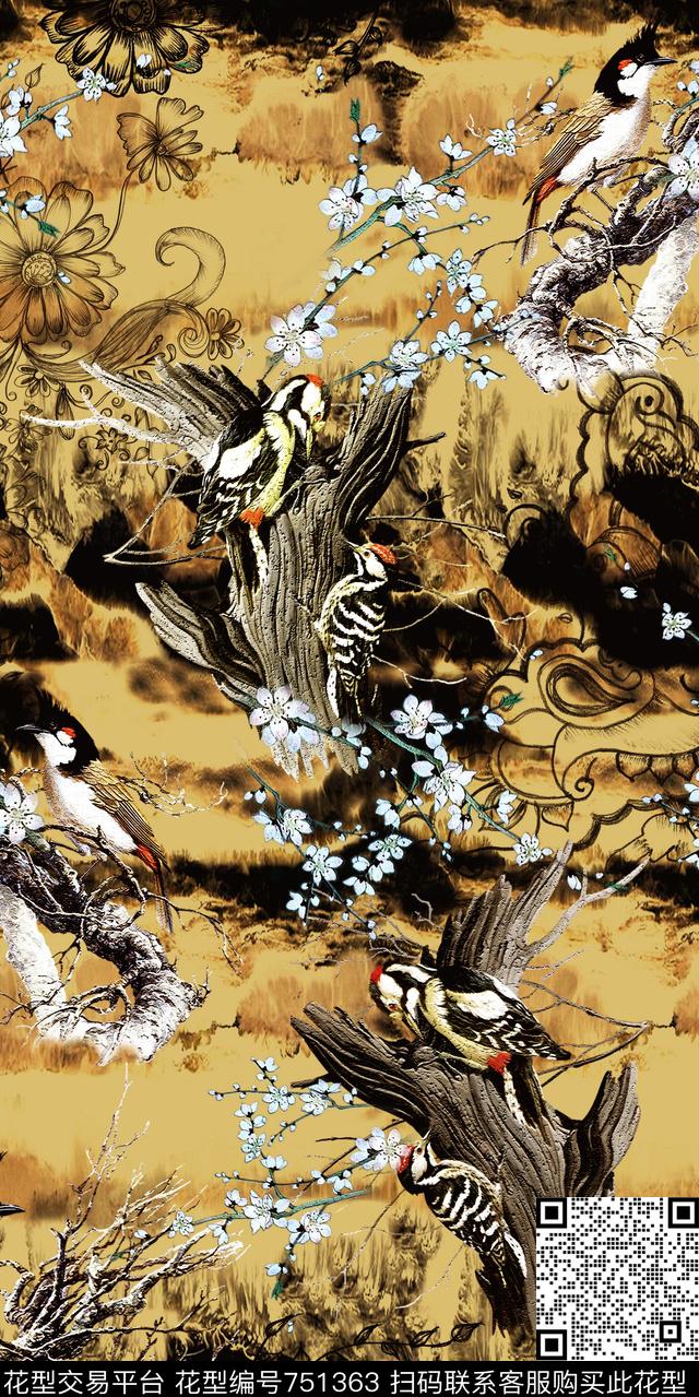 鸟树木山水数码印花华亿平台下载（图片编号: 751363） - 瓦栏（Walan）