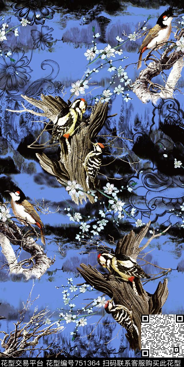 鸟树木山水数码印花华亿平台下载（图片编号: 751364） - 瓦栏（Walan）