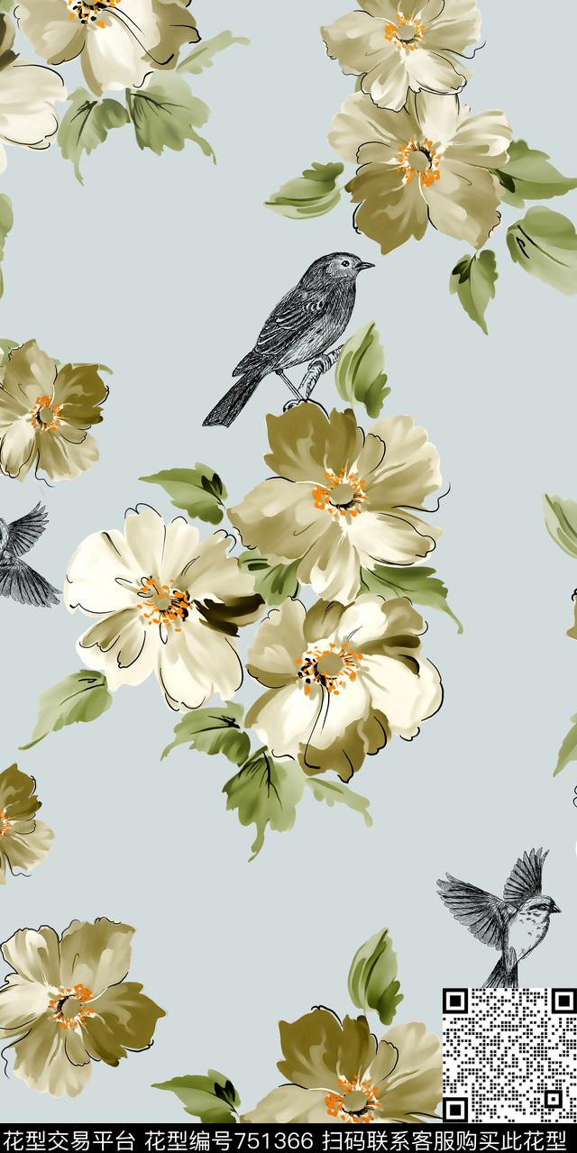 花卉鸟水彩数码印花华亿平台下载（图片编号: 751366） - 瓦栏（Walan）