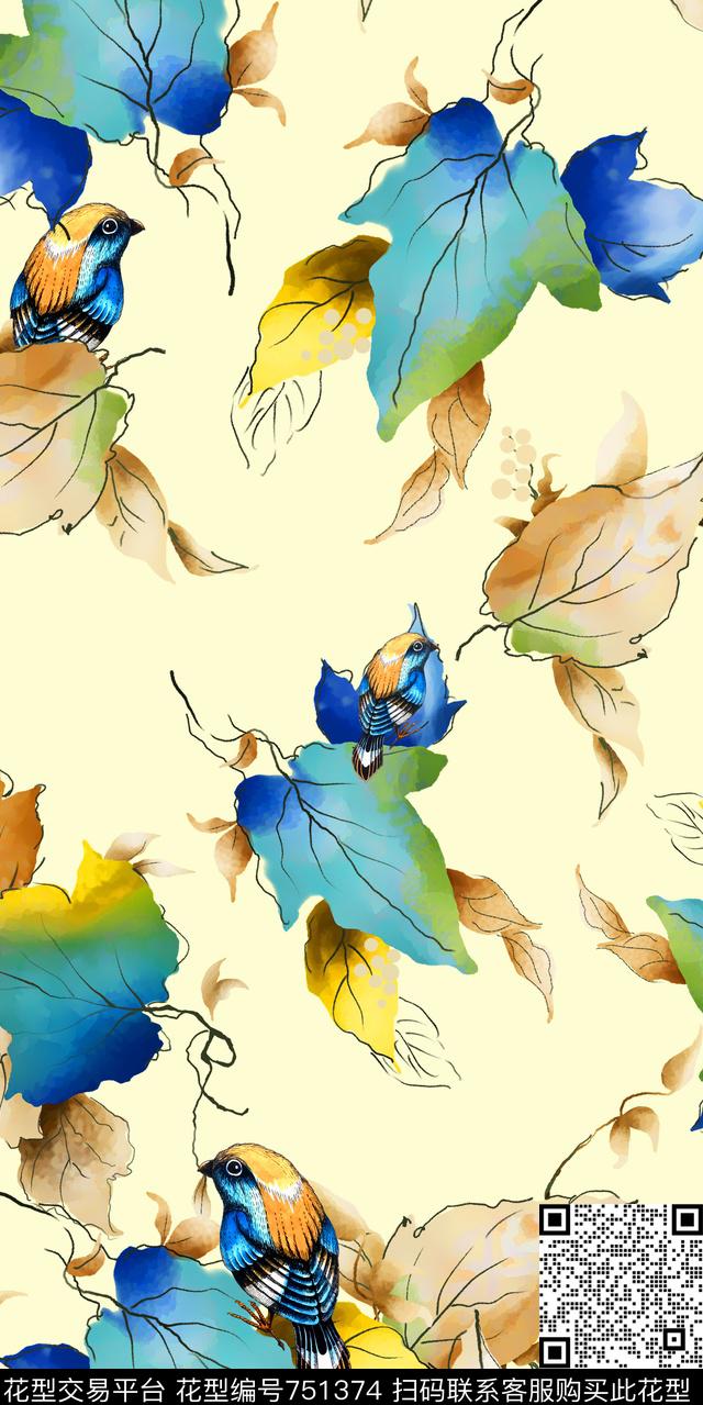 鸟树叶水彩数码印花华亿平台下载（图片编号: 751374） - 瓦栏（Walan）