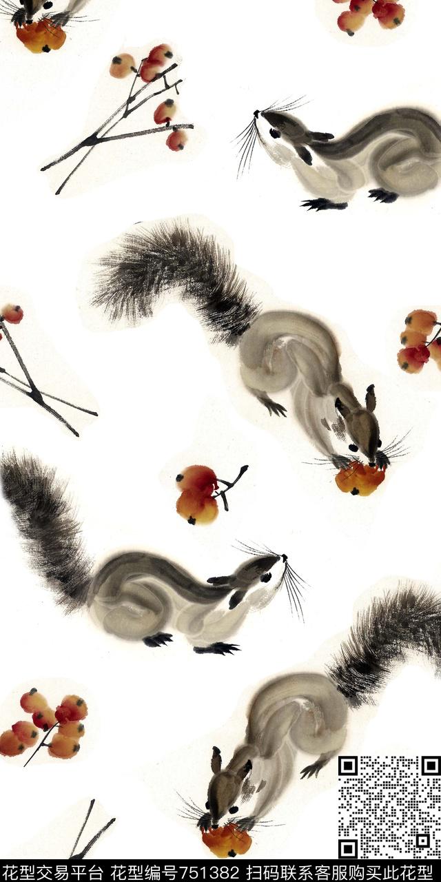 手绘水彩趣味松鼠数码印花华亿平台下载（图片编号: 751382） - 瓦栏（Walan）