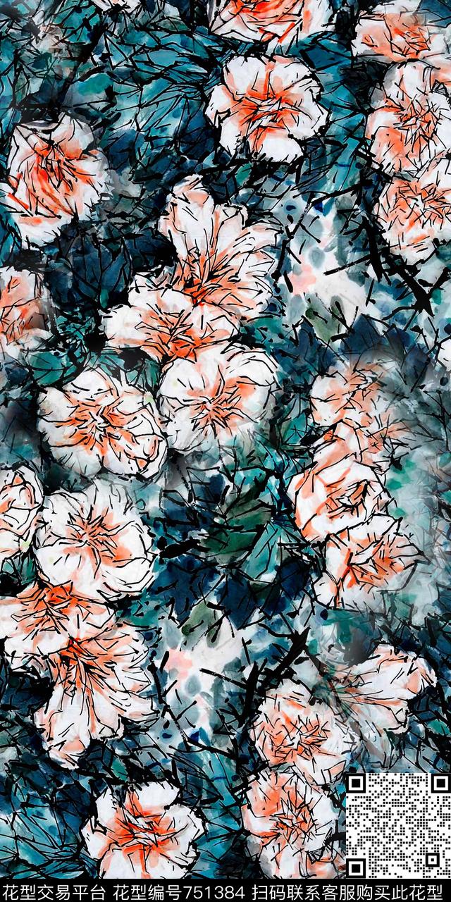 抽象花卉手绘水彩花卉数码印花华亿平台下载（图片编号: 751384） - 瓦栏（Walan）