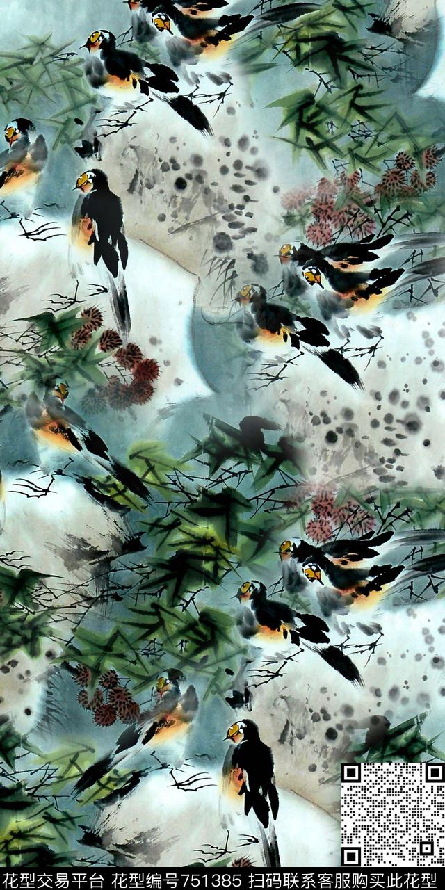 抽象树叶手绘水彩鸟数码印花华亿平台下载（图片编号: 751385） - 瓦栏（Walan）