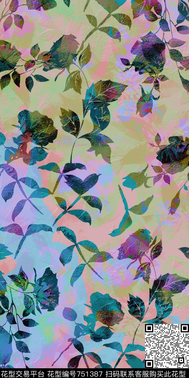 抽象花卉抽象树叶乱花数码印花华亿平台下载（图片编号: 751387） - 瓦栏（Walan）