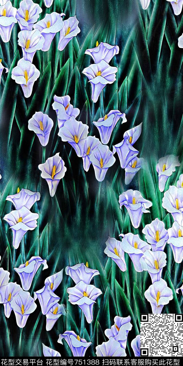 手绘水彩花卉马蹄莲数码印花华亿平台下载（图片编号: 751388） - 瓦栏（Walan）