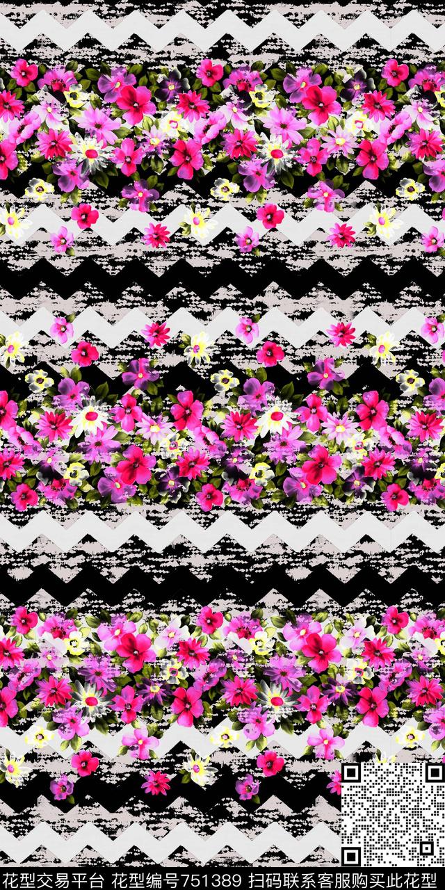 几何手绘水彩花卉数码印花华亿平台下载（图片编号: 751389） - 瓦栏（Walan）