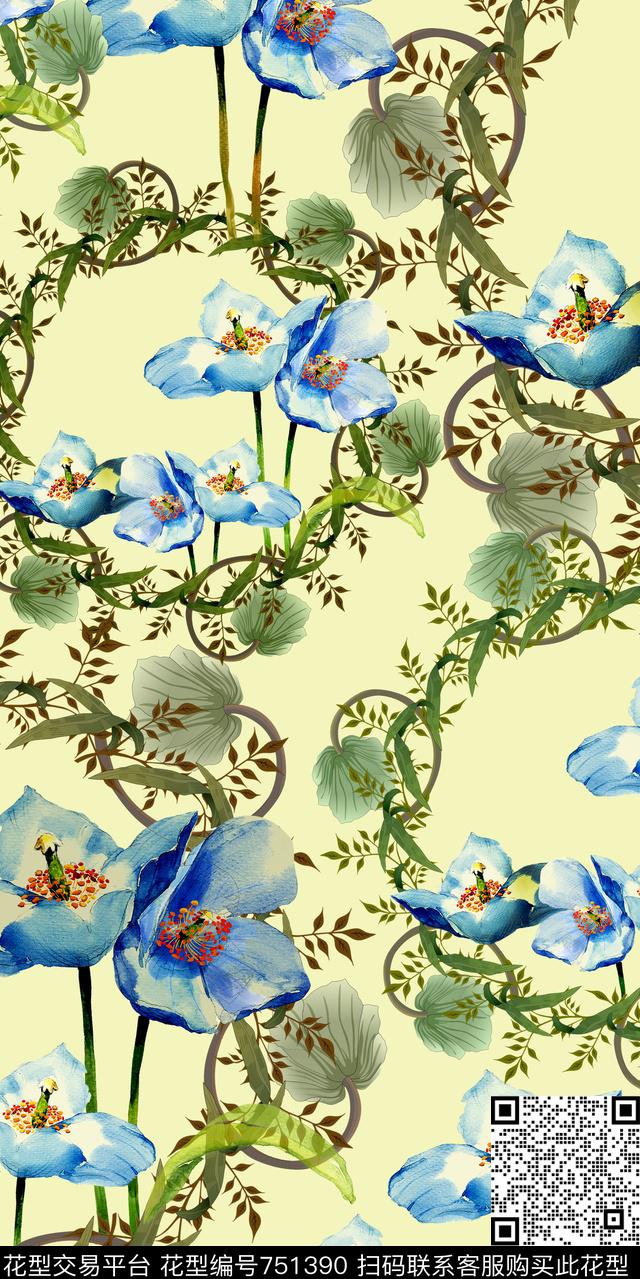 树枝花卉水彩数码印花华亿平台下载（图片编号: 751390） - 瓦栏（Walan）