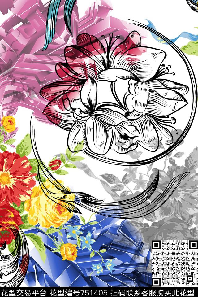 大花立体几何花卉数码印花华亿平台下载（图片编号: 751405） - 瓦栏（Walan）