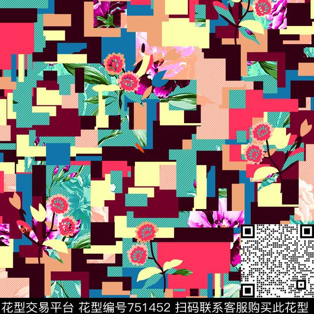 小方巾几何花卉数码印花华亿平台下载（图片编号: 751452） - 瓦栏（Walan）