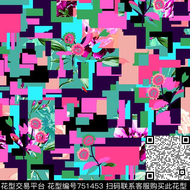 小方巾几何花卉数码印花华亿平台下载（图片编号: 751453） - 瓦栏（Walan）