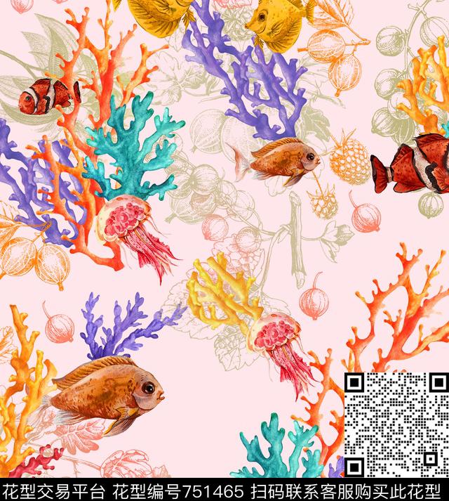 趣味植物热带鱼数码印花华亿平台下载（图片编号: 751465） - 瓦栏（Walan）