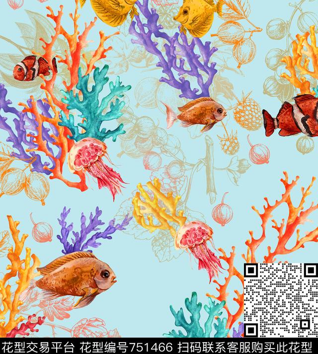 趣味植物热带鱼数码印花华亿平台下载（图片编号: 751466） - 瓦栏（Walan）