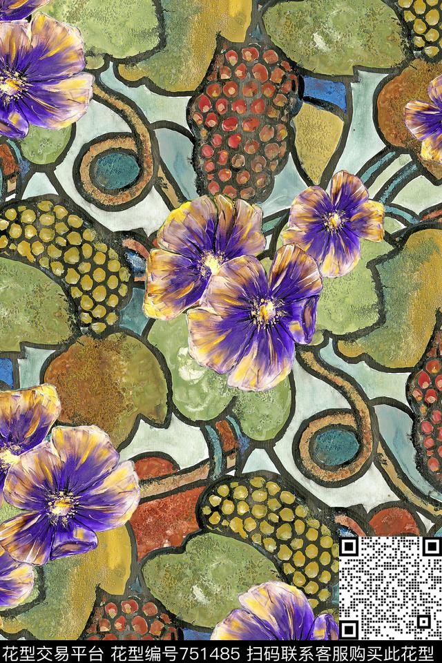 流行时尚花卉葡萄数码印花华亿平台下载（图片编号: 751485） - 瓦栏（Walan）