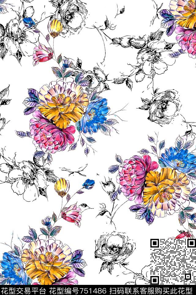 流行时尚花卉黑白线条数码印花华亿平台下载（图片编号: 751486） - 瓦栏（Walan）