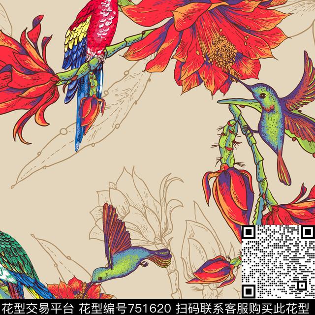 花鸟大花暗花传统印花华亿平台下载（图片编号: 751620） - 瓦栏（Walan）