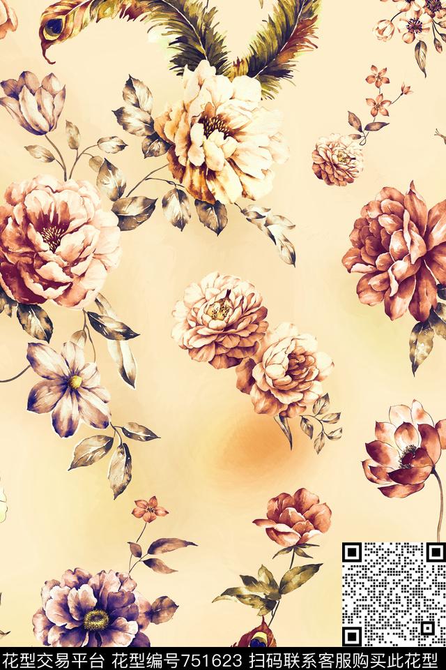 欧式复古田园风花卉数码印花华亿平台下载（图片编号: 751623） - 瓦栏（Walan）