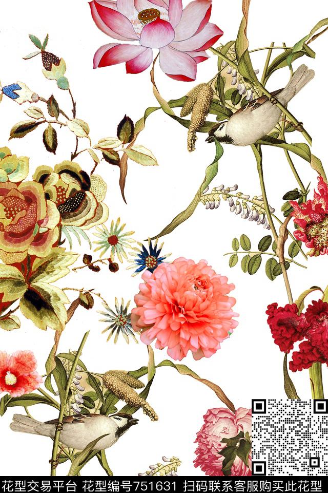 民族风刺绣工笔画鸟数码印花华亿平台下载（图片编号: 751631） - 瓦栏（Walan）