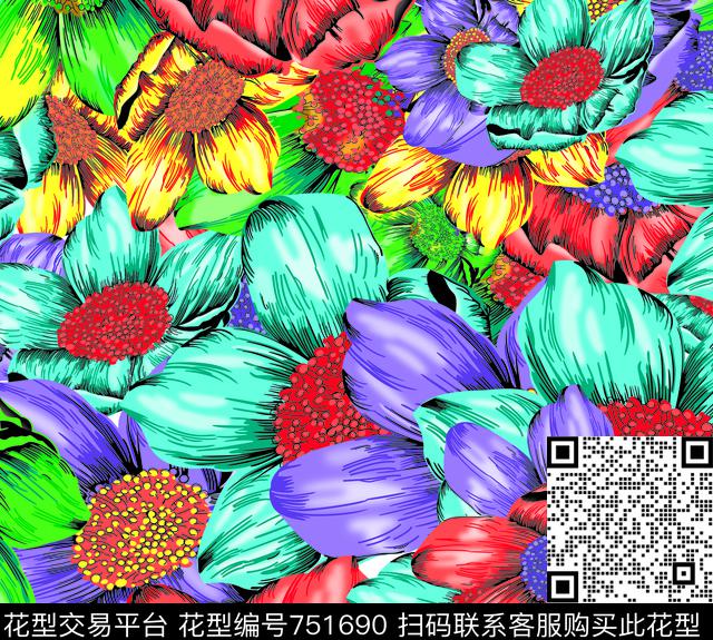 大花荷花花卉传统印花华亿平台下载（图片编号: 751690） - 瓦栏（Walan）