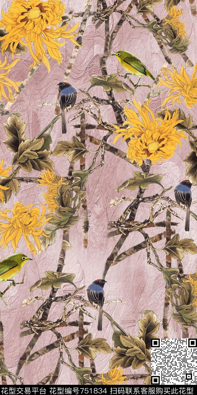树枝鸟花卉数码印花华亿平台下载（图片编号: 751834） - 瓦栏（Walan）