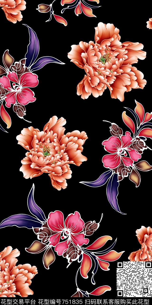 菊花乱花大花数码印花华亿平台下载（图片编号: 751835） - 瓦栏（Walan）