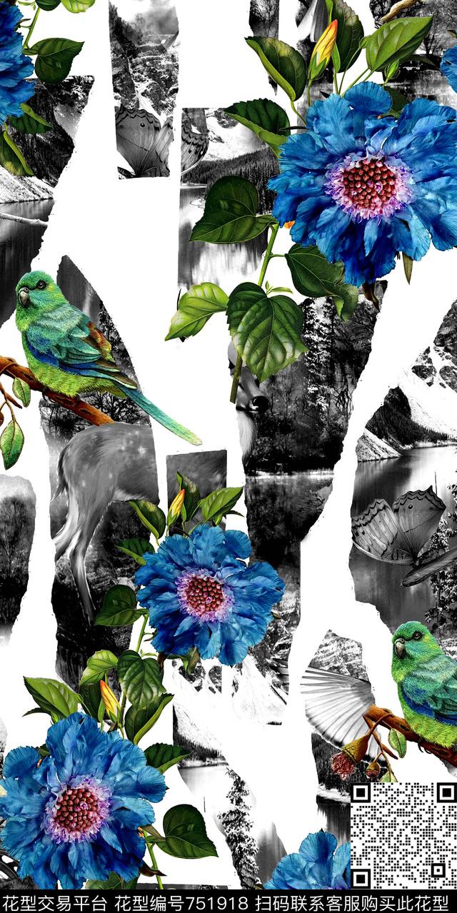 花鸟风景抽象数码印花华亿平台下载（图片编号: 751918） - 瓦栏（Walan）