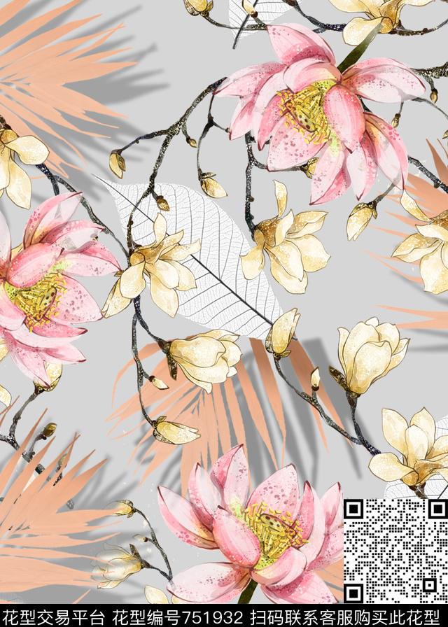 手绘花朵花卉数码印花华亿平台下载（图片编号: 751932） - 瓦栏（Walan）