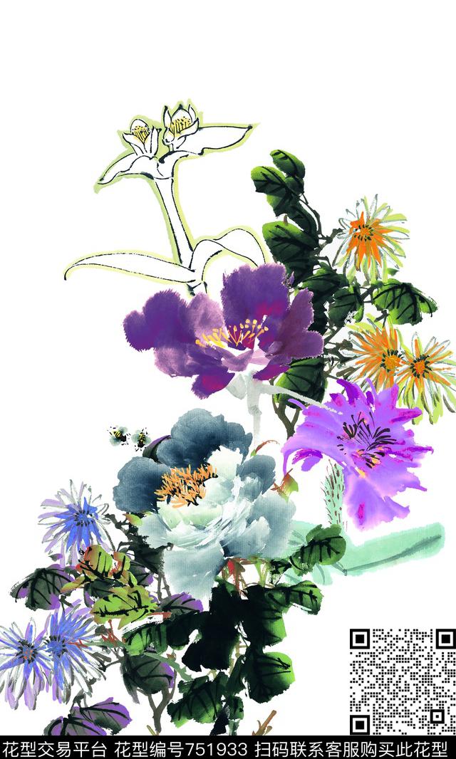 手绘牡丹渐变数码印花华亿平台下载（图片编号: 751933） - 瓦栏（Walan）