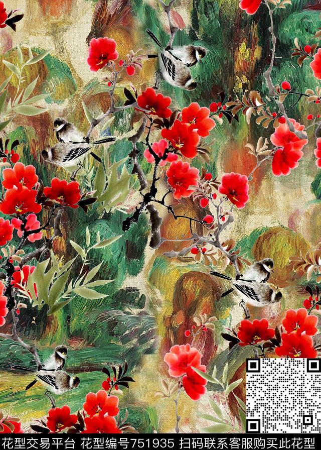 梅花笔触油画数码印花华亿平台下载（图片编号: 751935） - 瓦栏（Walan）