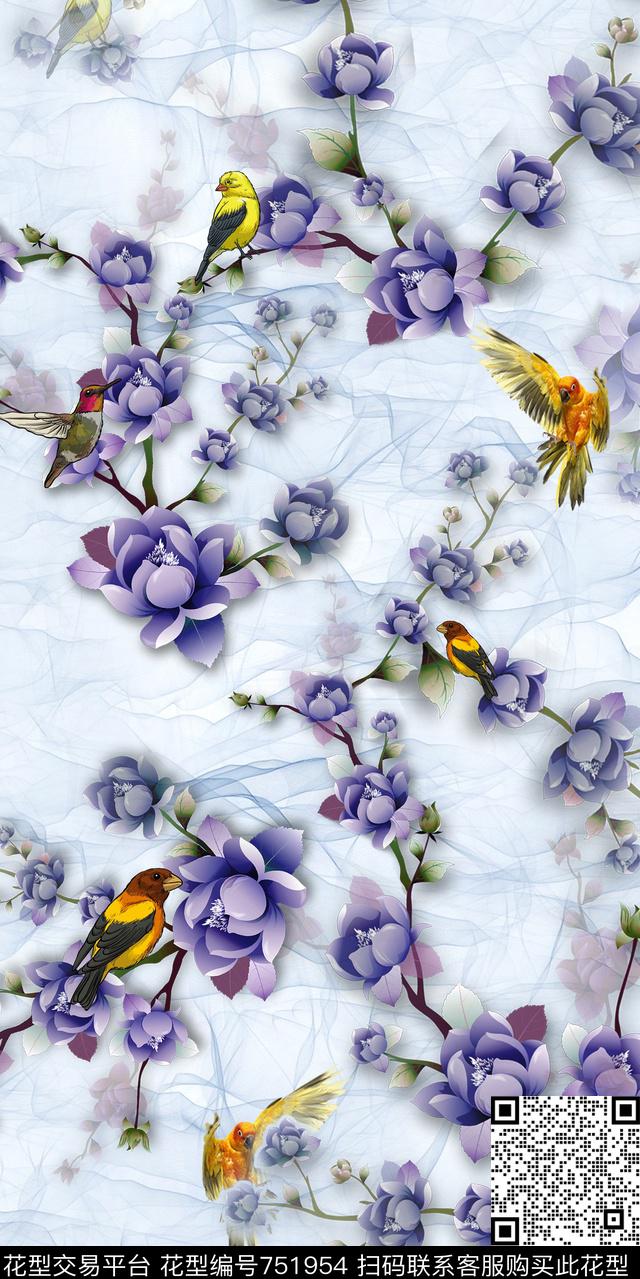 花卉鸟水墨数码印花华亿平台下载（图片编号: 751954） - 瓦栏（Walan）