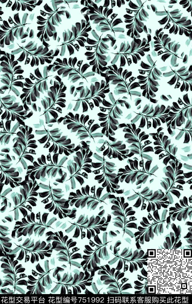 笔触树叶花数码印花华亿平台下载（图片编号: 751992） - 瓦栏（Walan）
