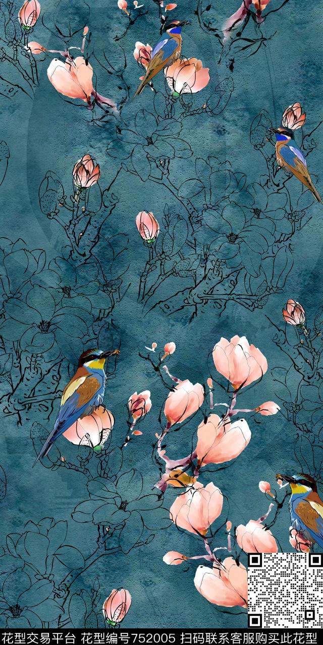 花卉树枝鸟数码印花华亿平台下载（图片编号: 752005） - 瓦栏（Walan）