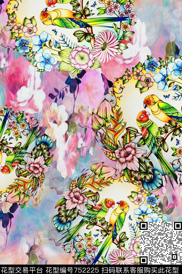 手绘花鸟数码印花华亿平台下载（图片编号: 752225） - 瓦栏（Walan）