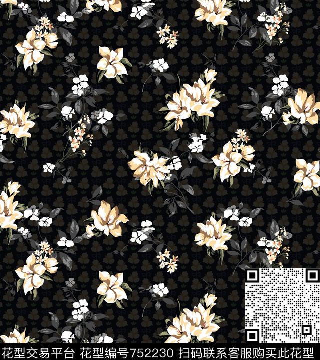手绘花卉复古枝条传统印花华亿平台下载（图片编号: 752230） - 瓦栏（Walan）