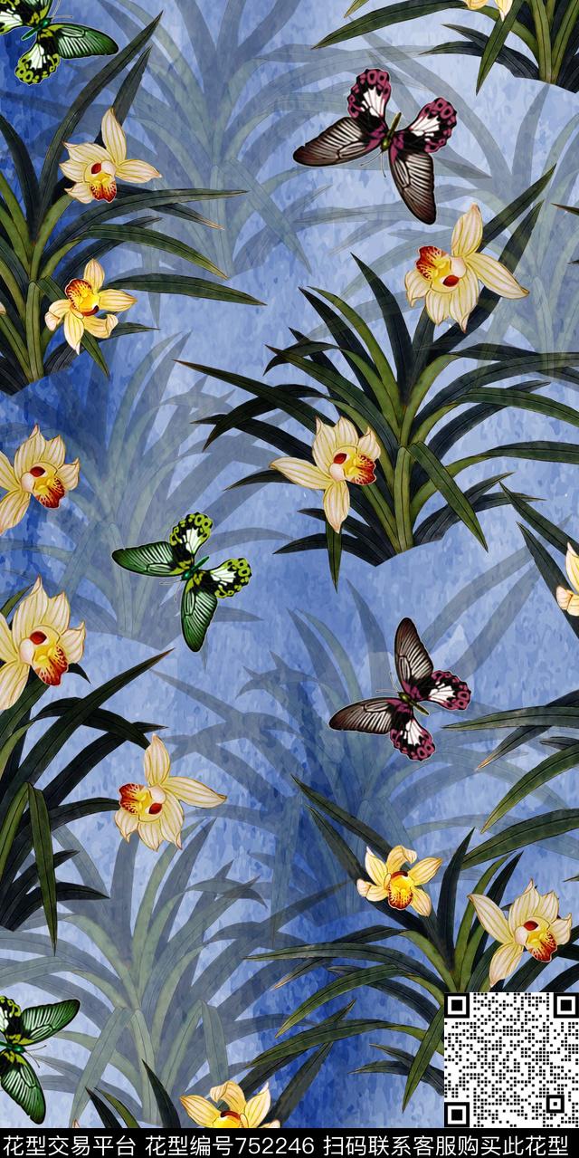 花卉兰花蝴蝶数码印花华亿平台下载（图片编号: 752246） - 瓦栏（Walan）