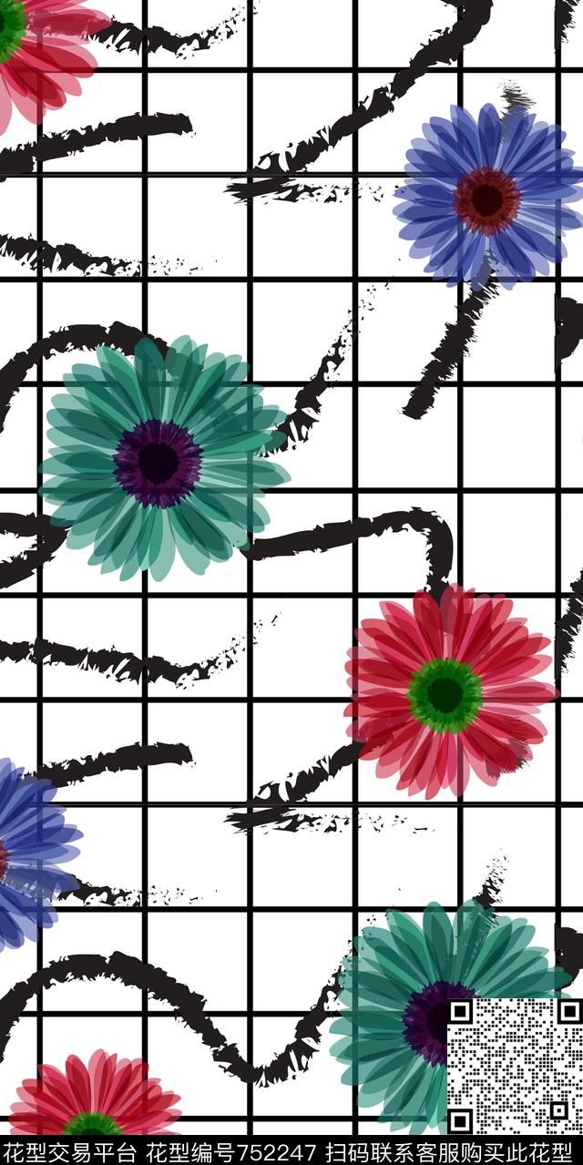 水墨散花格子传统印花华亿平台下载（图片编号: 752247） - 瓦栏（Walan）