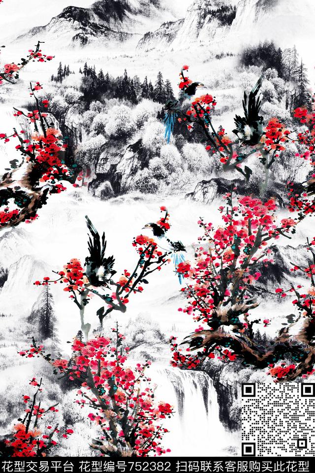 中国风水墨山水数码印花华亿平台下载（图片编号: 752382） - 瓦栏（Walan）